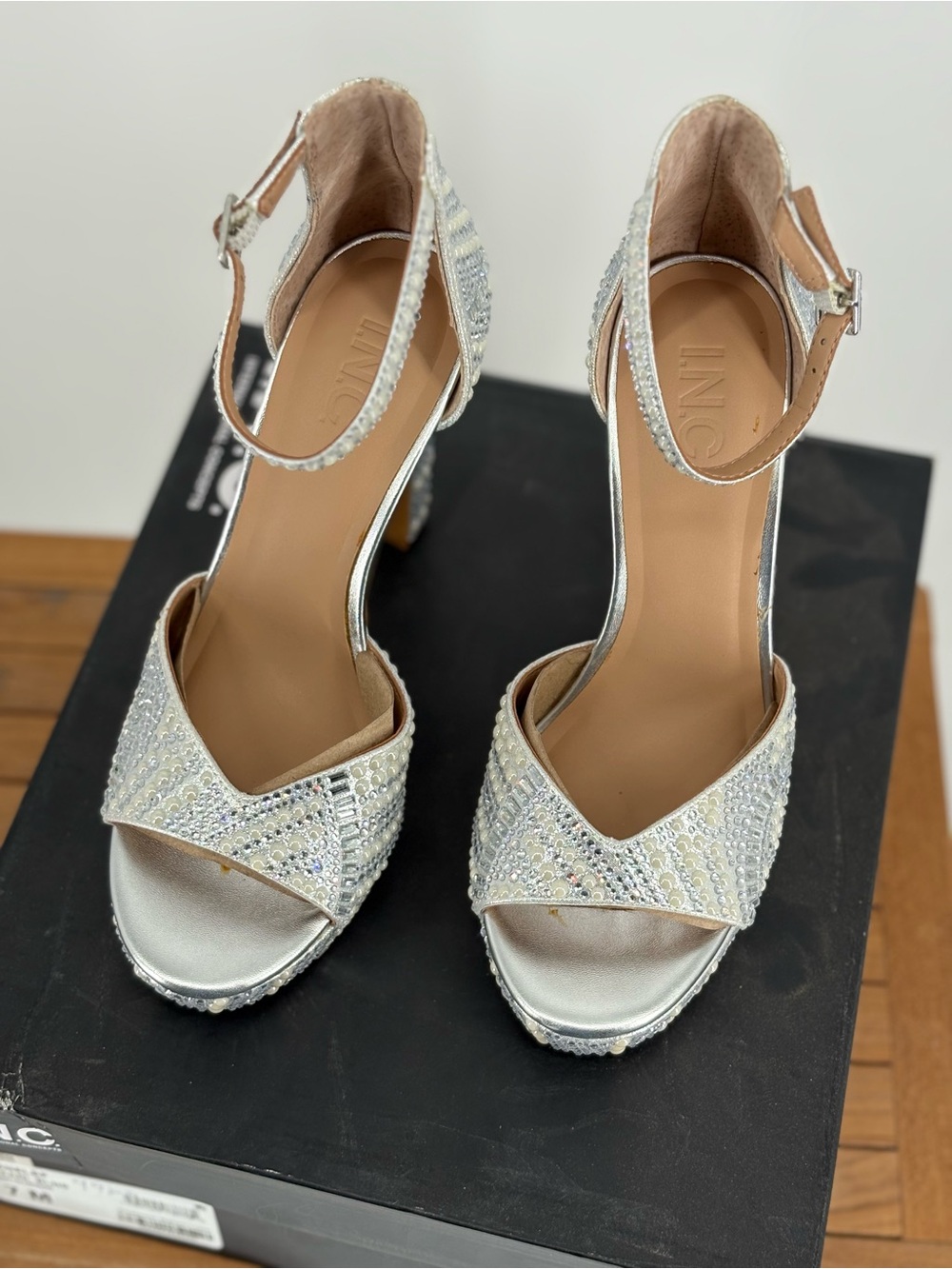 New INC International Concepts Silver Embellished Open-Toe Heels size 7M